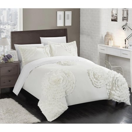 FIXTURESFIRST Valerio Floral & Rose Pleated Etched Applique Duvet Cover Set with Sheets - White - Queen - 7 Piece FI2541409